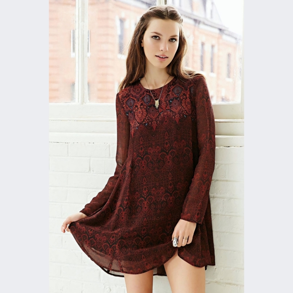 Ecoté Small Red Burgundy Sheer Long Sleeve Boho Mini Dress Paisley Pattern
